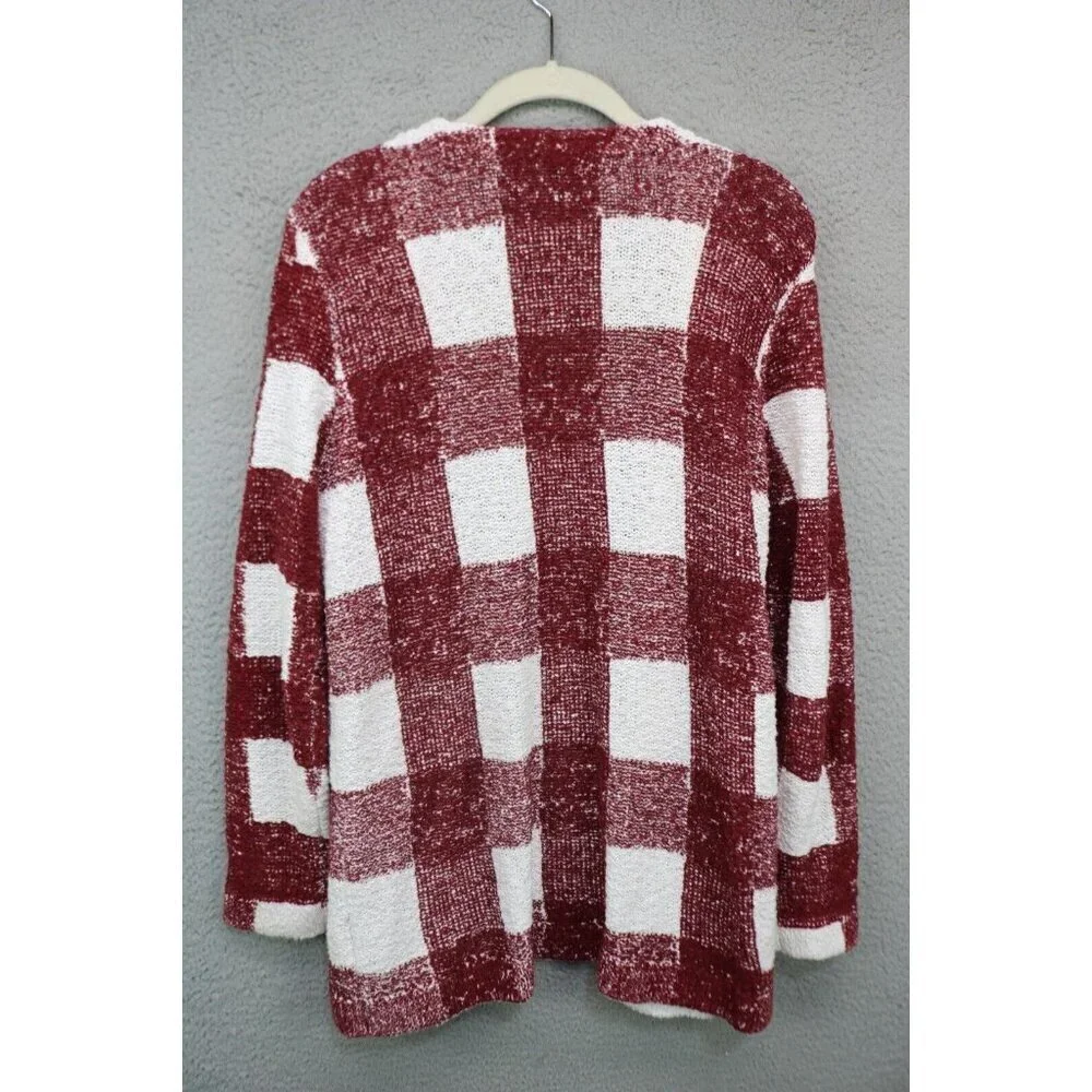 Foxcroft Burgundy White Open Front Cardigan-Size Medium-Picnic Plaid